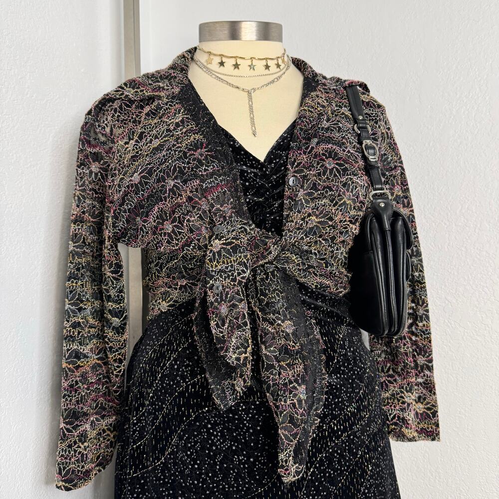 Vintage Shear Floral Embroidery Black Base Color Large Womens Chicos Button Top